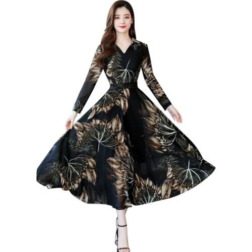Women V-Neck Long Sleeve Long Dress Ladies Floral Print A-line Dress Spring Casual Female Dresses Vestidos Ropa Mujer