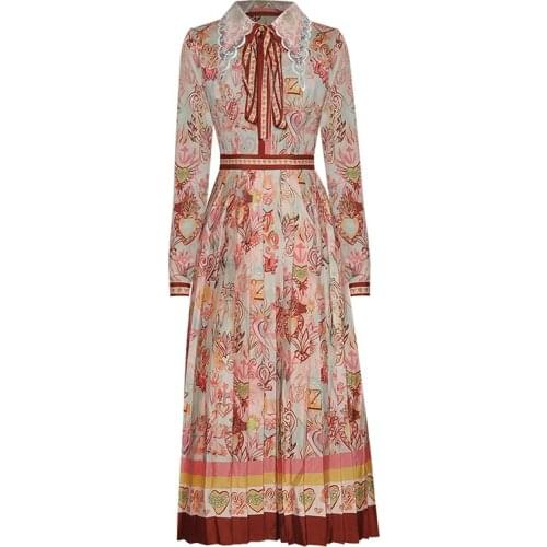 Fashion Long Pleated Runway 2021 Spring New Hollow Out Collar Floral Print Beading Embroidery Elegant Dress