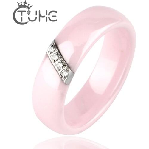 Fashion Pink Ceramic Rings For Women Smooth Surface Inlaid Zircon Women Ring Stainless Steel Wedding Engagement Gift bague femme
