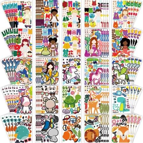 Wholesale 100 Sheets/Lot Kids DIY Stickers Puzzle Games Make-a-Face Unicorn Princess Sticker for Baby Recognition Education Toys