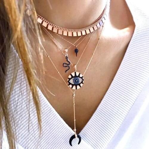 2021 New arrive Round Coin Eisco Engraved Evil Eye Bohemia Choker Rose gold Color Geometric Trendy Necklace For Women Jewelry