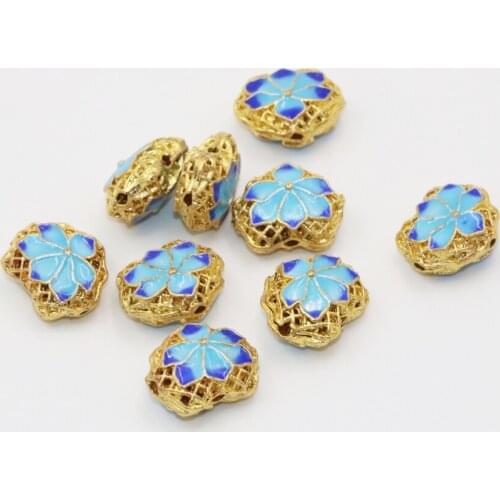 5pcs hot sale carved flower blue enamel cloisonne beads 14*17mm gold-color hollow spacers accessories diy findings B2514