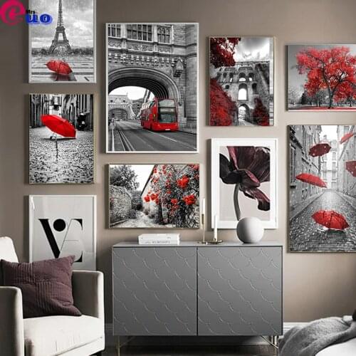 Europe Red Style Black and White Scenery Picture Wall Art Diamond Painting Vintage Landscape 5d Diamond Embroidery Cross Stitch