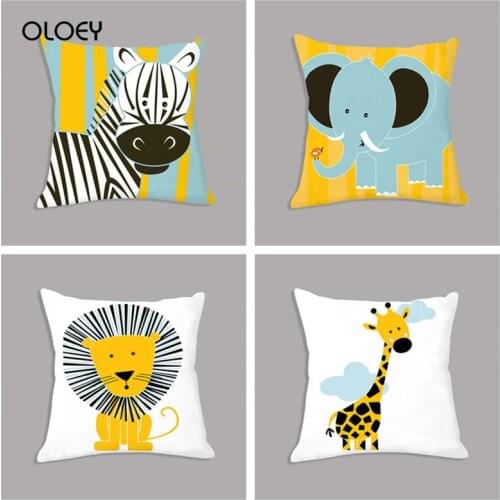 Cartoon Giraffe Lion Elephant Animal Print White Plush Pillowcase Pillow Home Bedroom Hotel Car Decoration Pillowcase 45x45cm