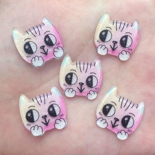 Glitter Pink Cat Flat back Acrylic sheet Miniature pattern applique 10pcs DIY Wedding scrapbook craft OF623
