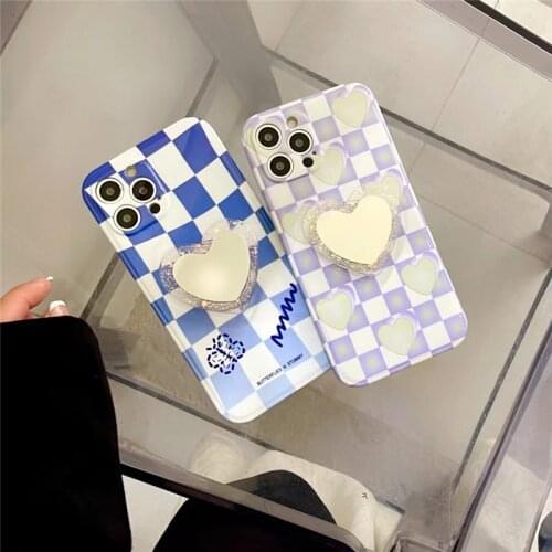 Checkerboard grid heart bracket stand phone case for iphone 11 11Pro Max 12 12Pro Max X XR XS Max 7 8 Plus SE2020 phone holder