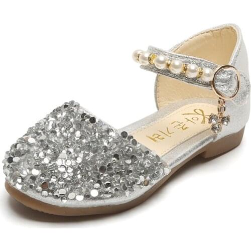 Baby Girls Silver Sequins Pearls Bing Summer Sandals Single Shoes Children Little Girls Wedding Party Dance Princess Shoes New