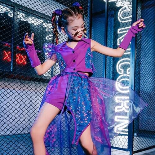 Kids Jazz/HipHop/Street Dance Red Sequin Suit Girls Long Sleeve Fashion Catwalk Stage Clothing Christmas Party Costumes DQL4753