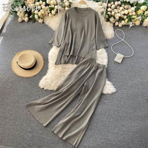 EKUWA 2021 Chic Fashion Spring Women Two Piece Woman Suit Cozy High Elastic Red Orange Black Oversized Women Suits Wide Pants