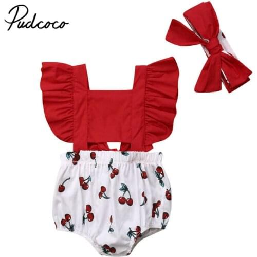 Baby Girl Summer Clothes Set Backless Cherry Romper +Headband Ruffle Big Bow Newborn Toddler baby girl Patchwork clothes Outfits