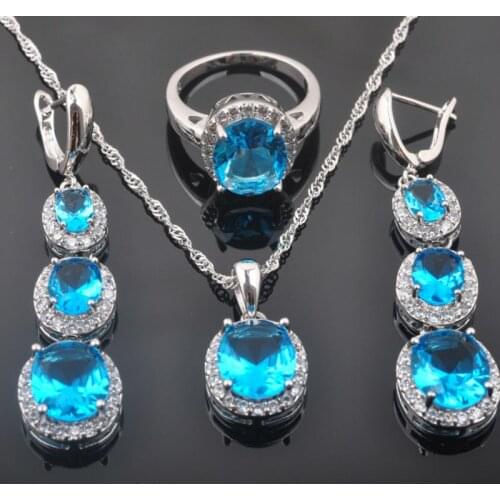 Elegant Sky Blue White Zircon Womens Silver Color Jewelry Sets Earrings Pendant Necklace Rings QZ0123