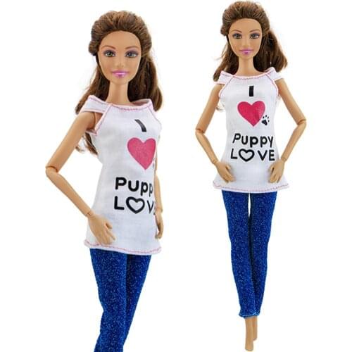 Fashion 1 Set Casual Daily Wear Heart-shaped Printed T-shirt Tops Blue Sequin Pants Clothes Accessories for Barbie Doll Kids Toy