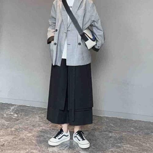Hip hop mens and womens trendy mens summer DJ loose two piece hairdressers personality fake irregular skirt pants wide leg p