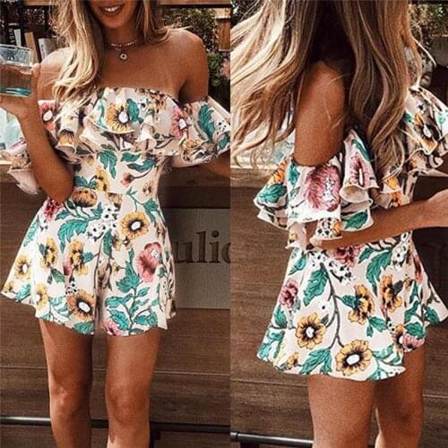 New Summer Beach Holiday Wear Ruffle Romper Women Fashion Short Off Shoulder Jumpsuits Overall New Lady Floral Printed Playsuit