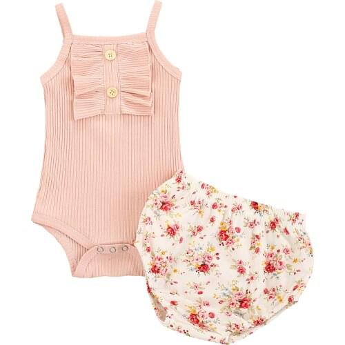 OPPERIAYA Toddler Kids Baby Girls Two-Piece Summer casual Suit Sleeveless Sling Ruffel Button Bodysuit and Flower Print Shorts