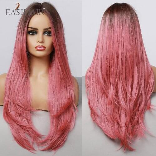 EASIHAIR Synthetic Long Ombre Pink Natura Wave Dark Root Colorful Wigs for White/Black Women Cosplay Lolita Wigs Heat Resistant