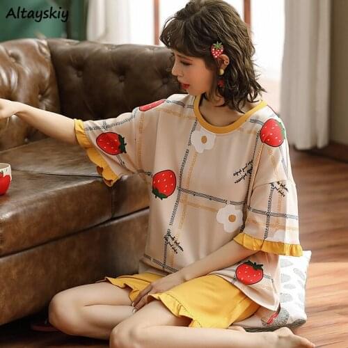 Pajama Sets Women Sleepwear Fashion Print Cozy Chic Feminine Ulzzang Casual Sweet Girls Various Colors Summer Short Sleeve Ins