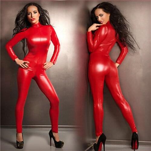 Plus Size Women Faux Leather Jumpsuit Long Sleeve Red Black Ladies Jumpsuits Club Pole Dance Costume