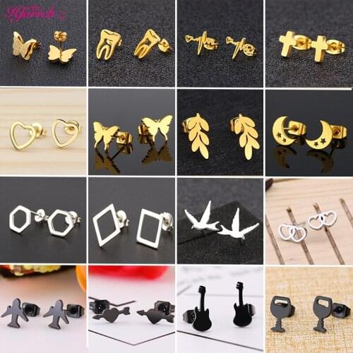 Mini Stainless Steel Earrings Fashion Small Animal Ear Studs Punk Cross Aircraft Guitar Moon Teeth Stud Earrings Pendientes Gift