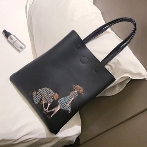 HISUELY Designer Embroidery Women PU Leather Handbag Fashion Shoulder Bag Large Capacity Portable Tote Bag Female sac a main