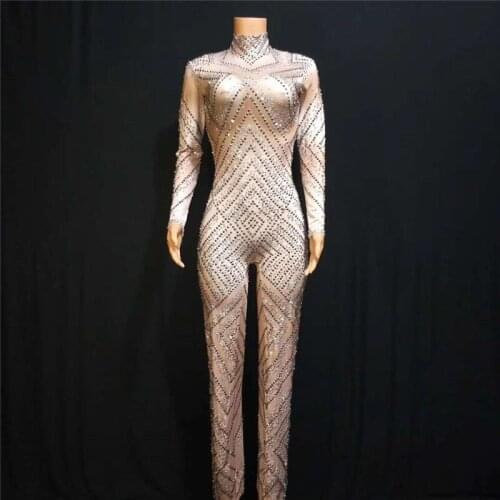 X43 Female ballroom dance stage costumes party show wears jumpsuit Rhinestone wide leg pants diamonds outfits dress disco clothe