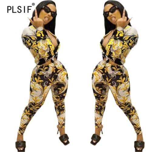 Deep V Neck Long Sleeve Flower Print Crop Top And Pants 2 Pieces Set Sexy Tight Club Party Lady Fashion Outfits