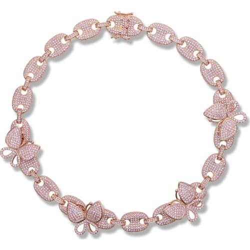 15" 16" iced out Pink CZ Butterfly Choker Necklace for Hip hop Fashion Punk women Coffee Bean Link Chain party Jewelry wholesale