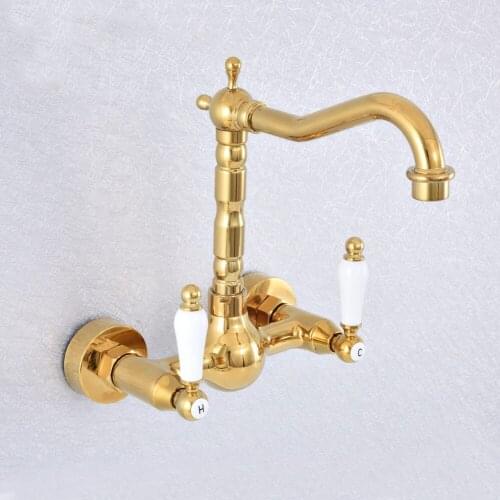 Golden Wall Mounted Basin Faucets Double Handle Dual Hole Bathroom Sink Swivel Faucet Mixer Tap Nsf608