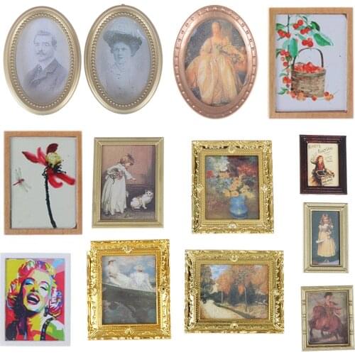 New 1/12 Vintage Frame Mural Wall Painting for Dollhouse Dolls House Living Room Bedroom Furniture Decor Toys Resin Miniature