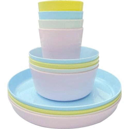12 Piece Plastic Dinnerware Set, Reusable BPA Free 4 Cups, 4 Bowls and 4 Plates G2AB