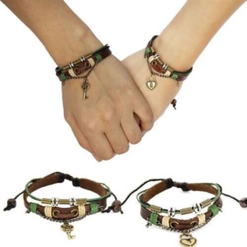 2Pcs Couples Lovers Braclet His & Hers Lock and Key Ethnic Style Vintage Handmade Romantic Cute