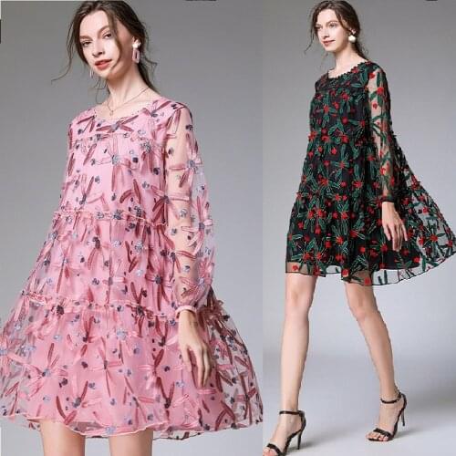 2021 Spring Ladies Plus Size Loose Fit embroidery Dress Elegant Faux Silk loose party Dress cute flare dress vestidos XXXXL 4XL