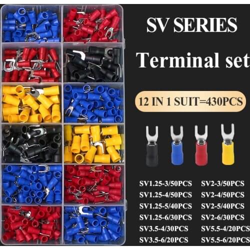 430PCS SV Crimp Terminal Spade Fork Connector Cold Pressed Terminal SV3.5-4 Fork Type SV1.25-3U/Y Copper Core Lug Pre Insulated