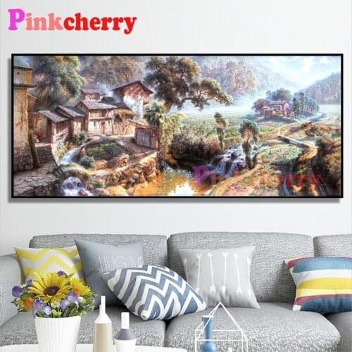 Large size 5d photo Round Diy Diamond Painting Village Scenery Full Drill Square Mosaic Home Decor Handmade