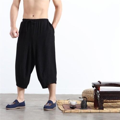Men Sweatpants Linen Wide Leg Loose Yoga Cropped Pants Baggy Running Jogger Casual Fitness Workout Pants Bloomers Sportswear