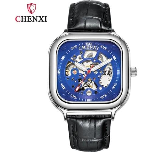 CHENXI Mens New Square Mechanical Watch Business Waterproof Luminous Automatic Luxury Steel Band Hollow Watch WA210