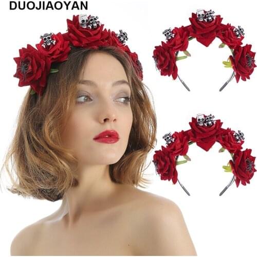 DUOJIAOYAN Festival scary skull hairband Artificial rose headpiece flower hair hoop Halloween party Headband for women lady