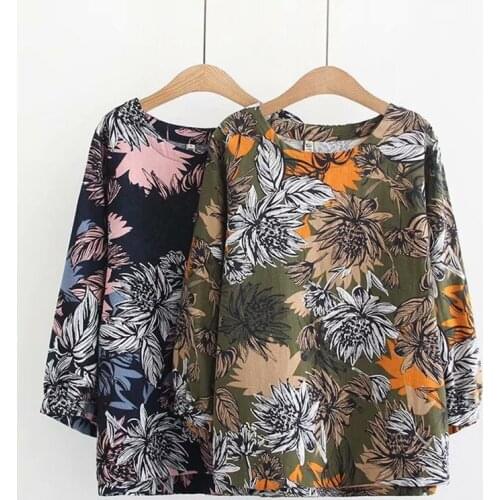 T-Shirts Women Long Sleeve Floral Print O-Neck Female Spring Vintage Loose Cotton Linen T Shirt Ladies Plus Size Tops Tees