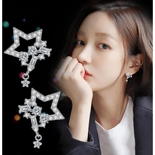 Korean S925 Needle Earrings Temperament Cute Star Earrings Wild Five-pointed Star Earrings Female Exquisite Long Earrings