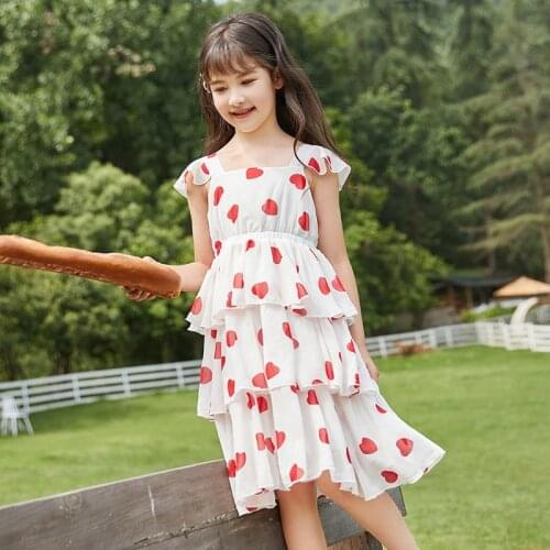 Girls Summer Dress Elegant Puff Sleeve Printed Kids Dresses for Girl Clothes Children Chiffon Princess Costume 6 8 10 12 14 Yrs