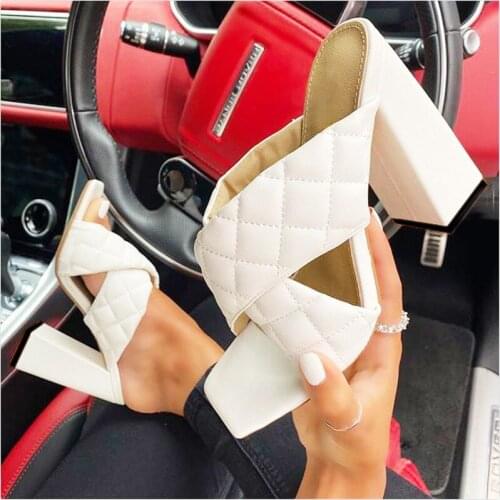 Fashion Square Toe Slippers lattice thick heel cross High Heels Shoes Women Slippers Luxury Designer Ladies Street flip flops 41