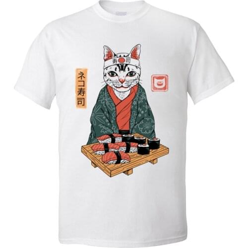 Men T-shirts Japanese Style TShirt Neko Sushi Bar White Tees 2020 Newest Funny Cat Short Sleeve Cotton Fabric T Shirt