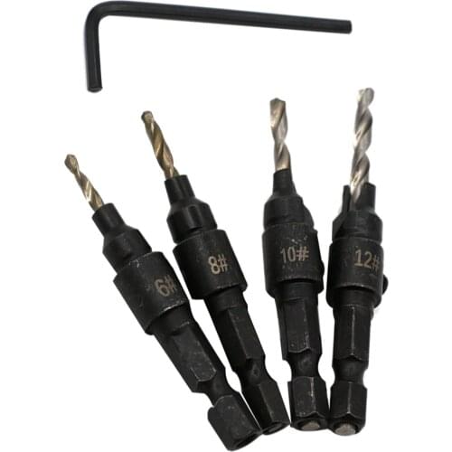 4pcs Hexagon Shank Woodworking Countersunk Drill Hole Opener Set Screw Cap 6# 8# 10#12# Countersunk Drill Bit