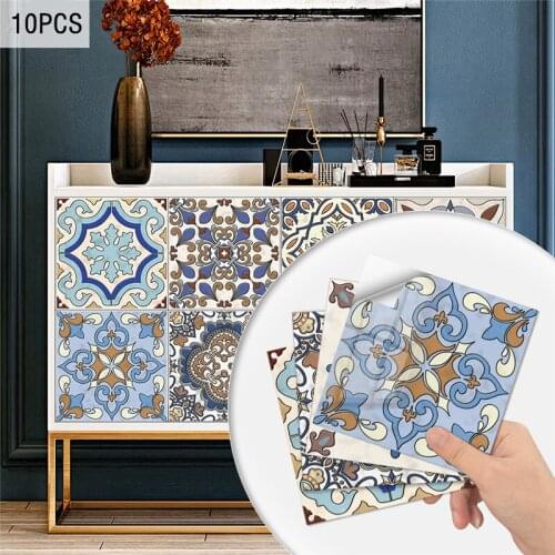 10pcs European Style Flower Brick Wall Stickers Bathroom Waterproof Tile Stickers Kitchen Oil-proof Stickers Home Decor
