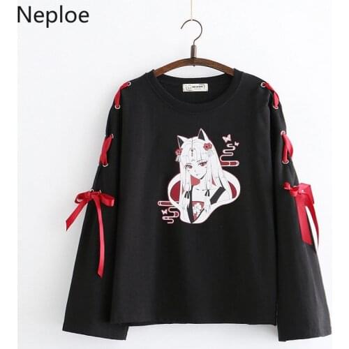 Neploe Autumn Japanese Long Sleeve T Shirt Cartoon Printed Tshirt Harajuku Cross Bowknot Bandage T-Shirts White Black Tops 54300
