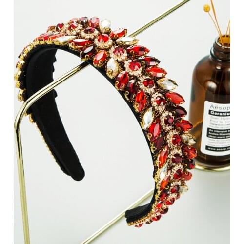 New Arrived Handmade Luxury Bling Red Rhinestone Headband Full Crystal Geometric Diamond Hairband Women Hair Accessories