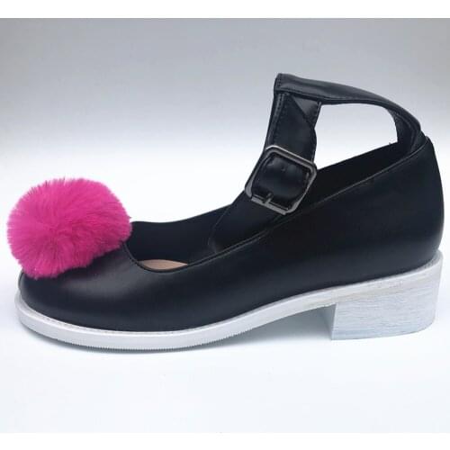 OLOMLB Womens 77 Genshin Impact Japanese Anime Dakimakura Cosplay Shoes Rose Fur Ball Platform Wedge Block Heel Plus Size