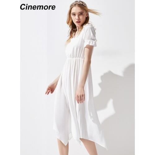 Cinemore Summer Long Dress White Muslin Knee-Length V Neck Lace Ruffled Cuff Tunic Pregant Rruched Princess Dresses women Q96110