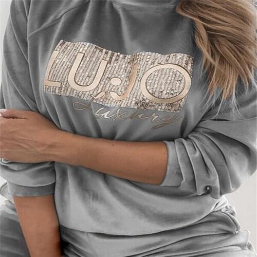 Plus Size Blouse Long Sleeve Warm Top Women Shirt Velvet Sequins Letters Print Sweatshirt for Autumn Winter