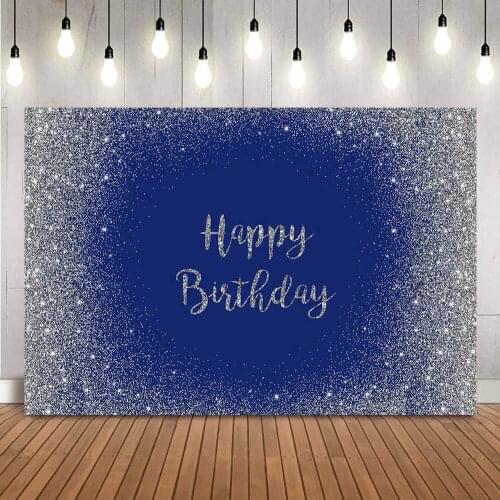 Sliver Glitter Birthday Backdrop Dark Blue Adult Theme Portrait Background for Photo Studio Customize Photocall Party Banner